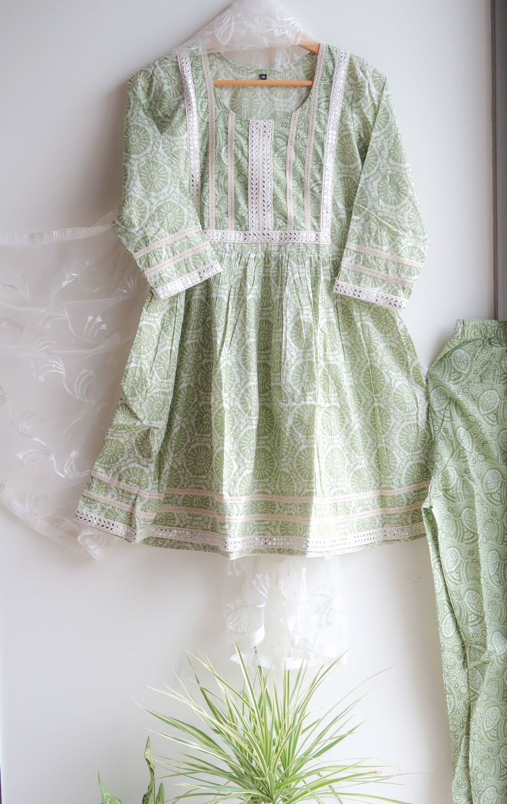Pale Green Mirror Work Cotton Suit Set with White Net Handwork Dupatta