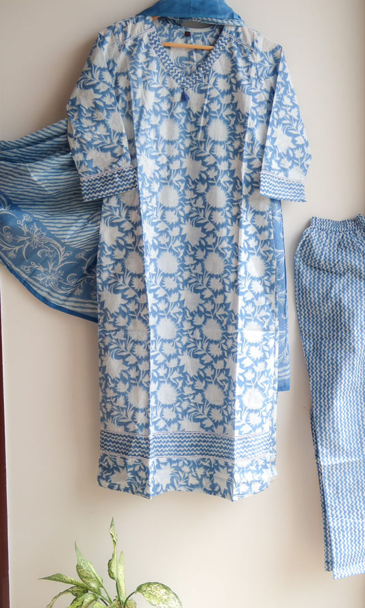 Whispering Petals: Sky Blue Floral Cotton Suit Set