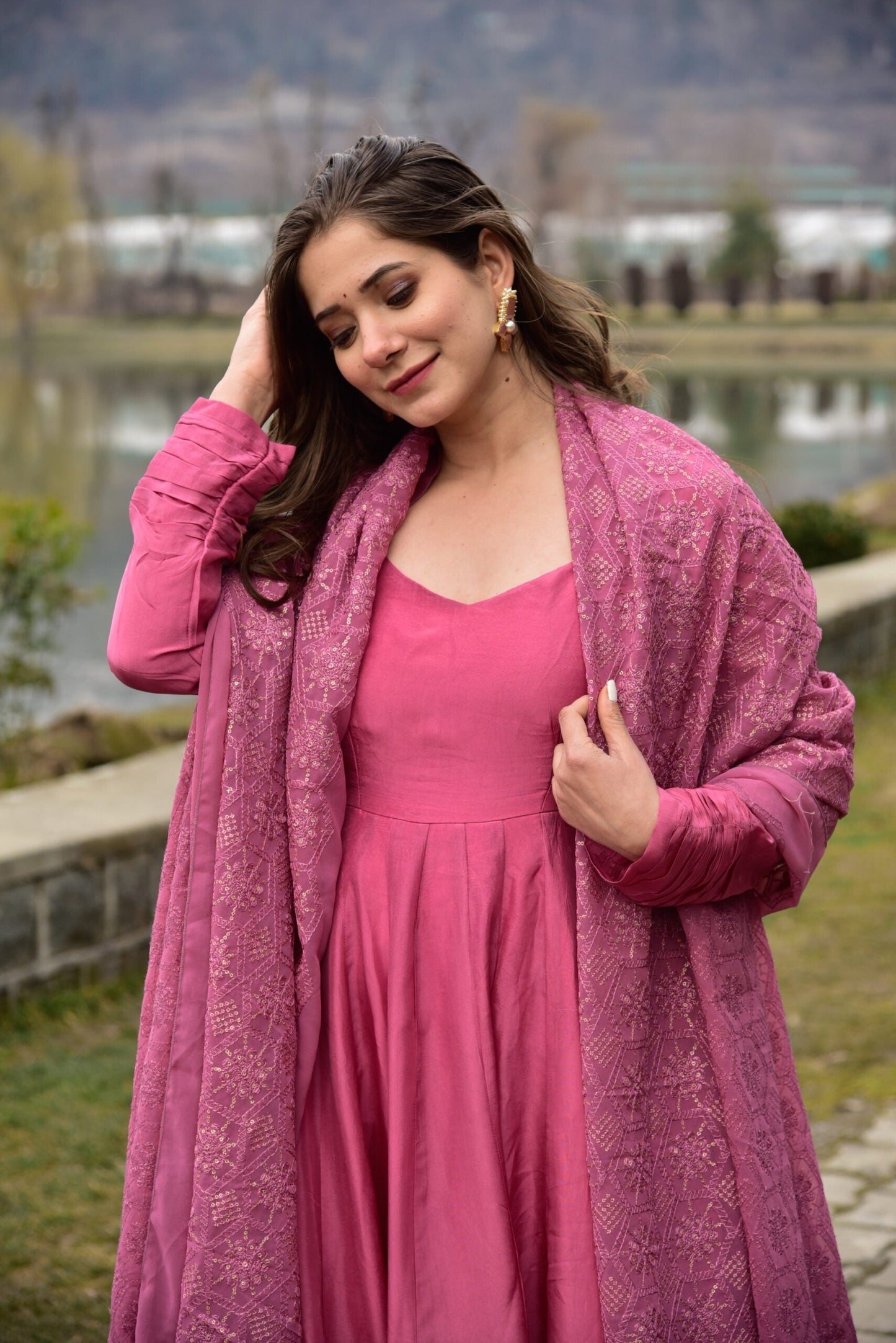 peachy pink silk maxi set