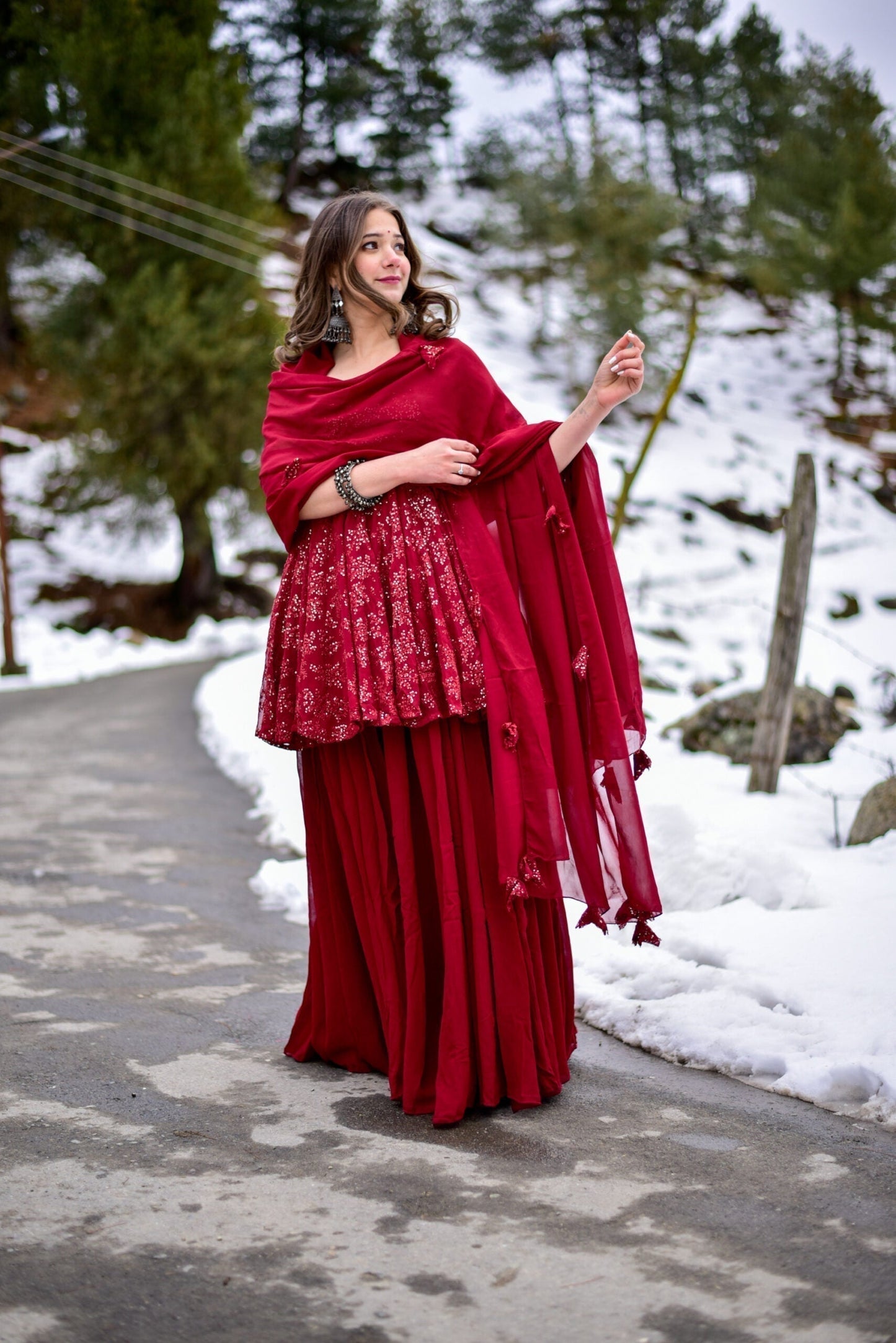 tanaz maroon georgette embroidered  kurta sharara set