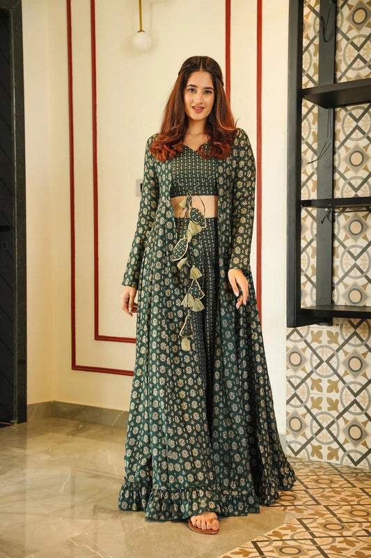 YADVI GREEN MUSLIN SHRUG SET