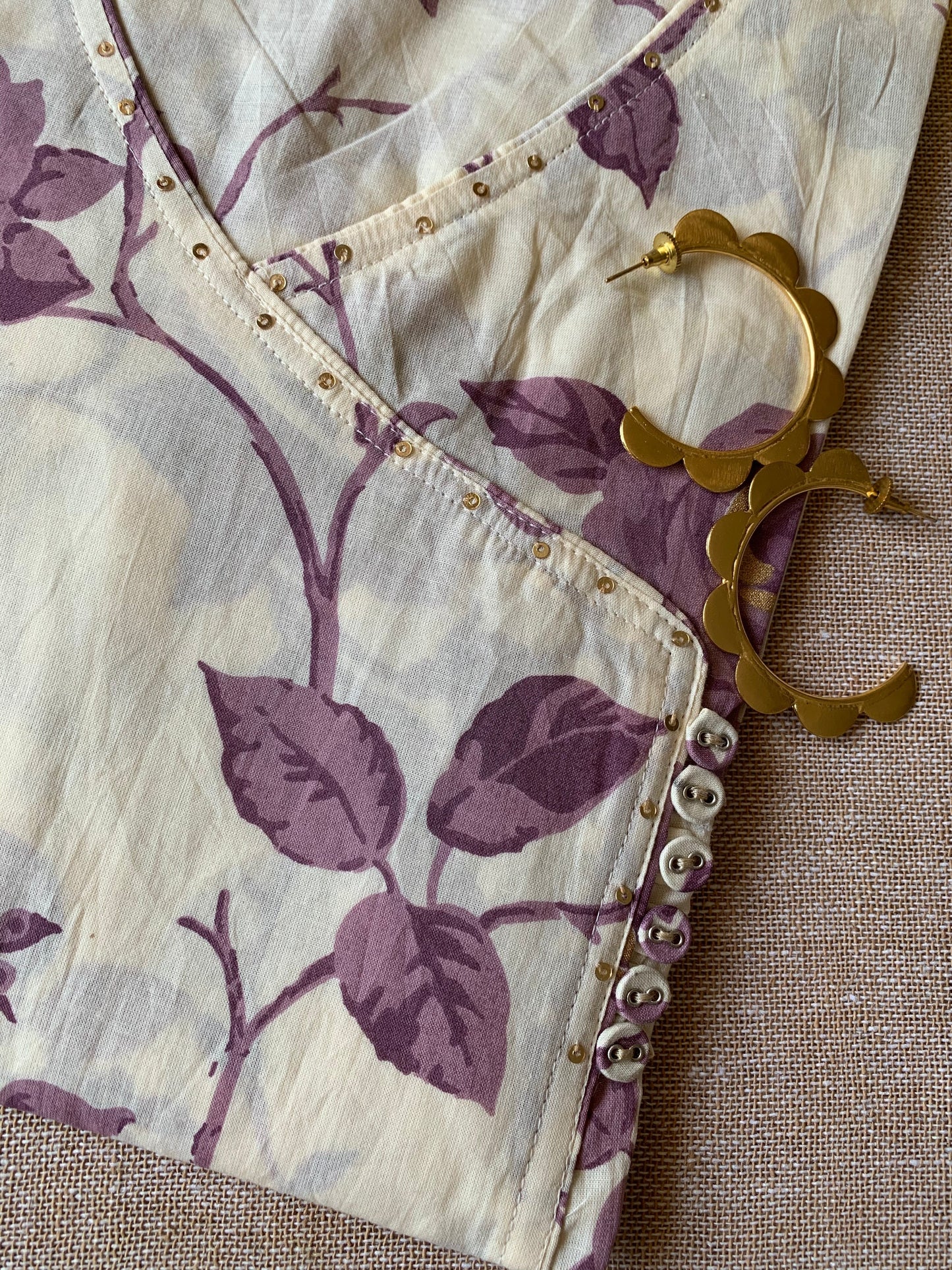 Cream Purple "Gold" Angrakha Cotton Kurta