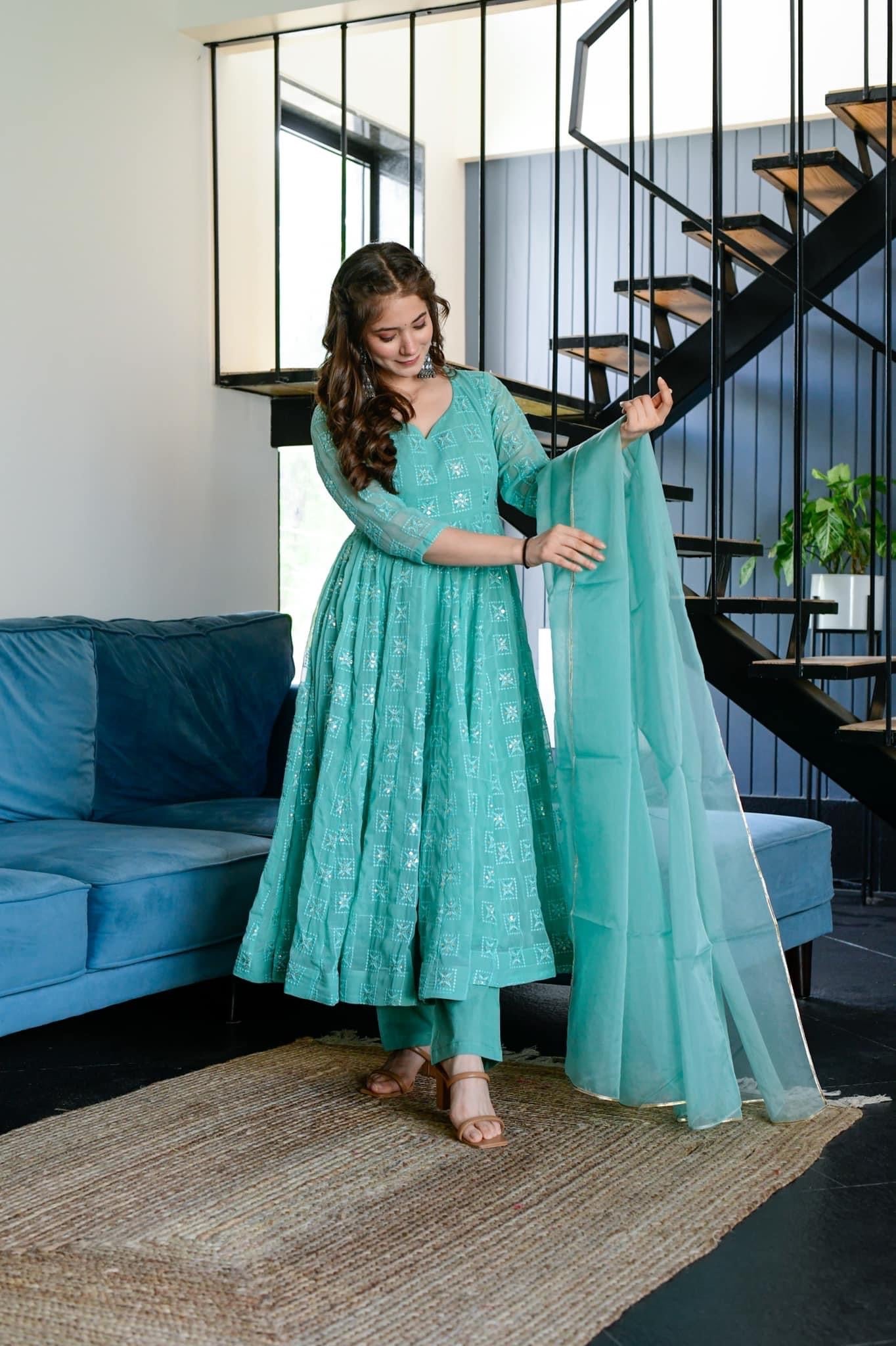 turqoiuse blue embroidered suit set
