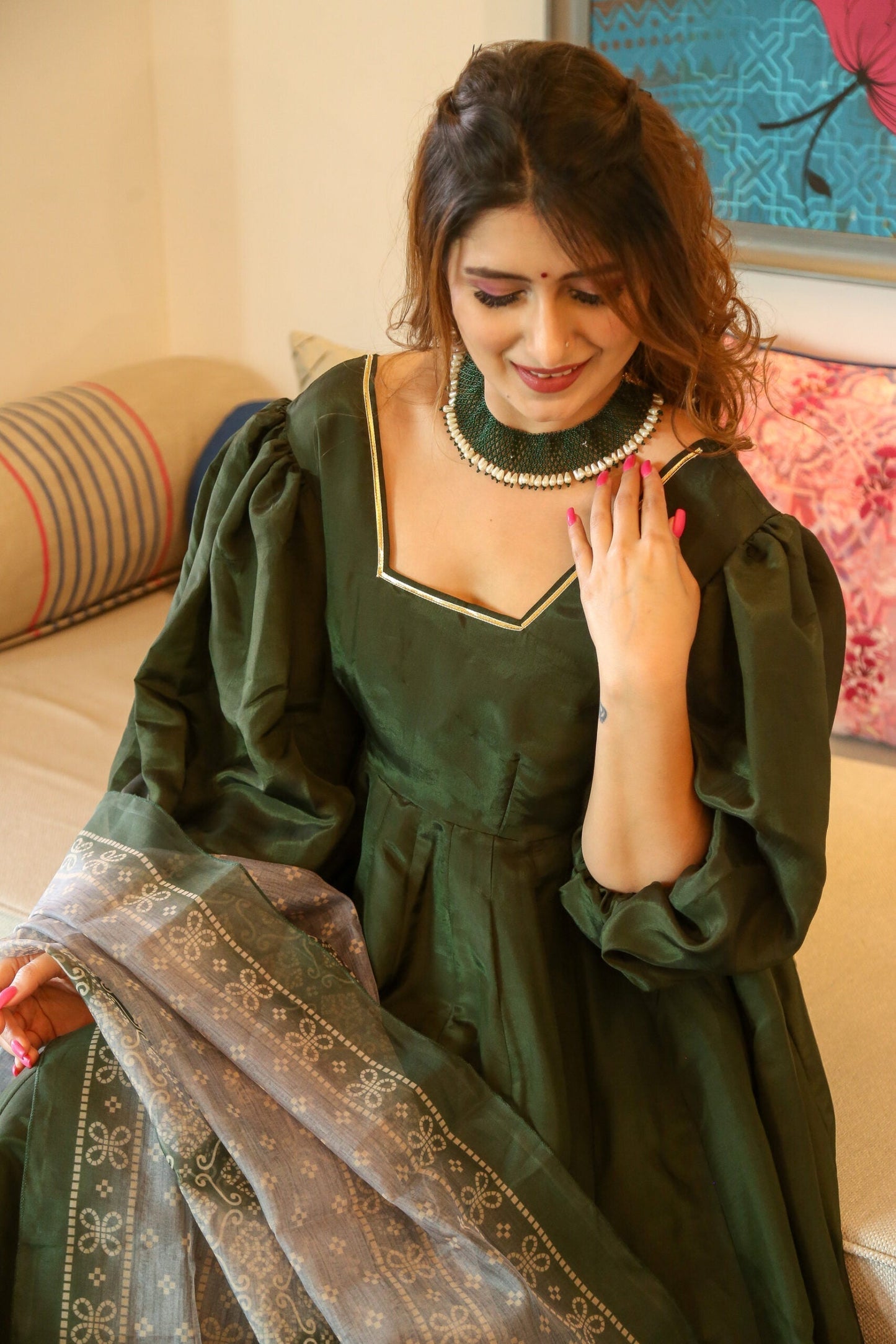 teal green silk maxi set