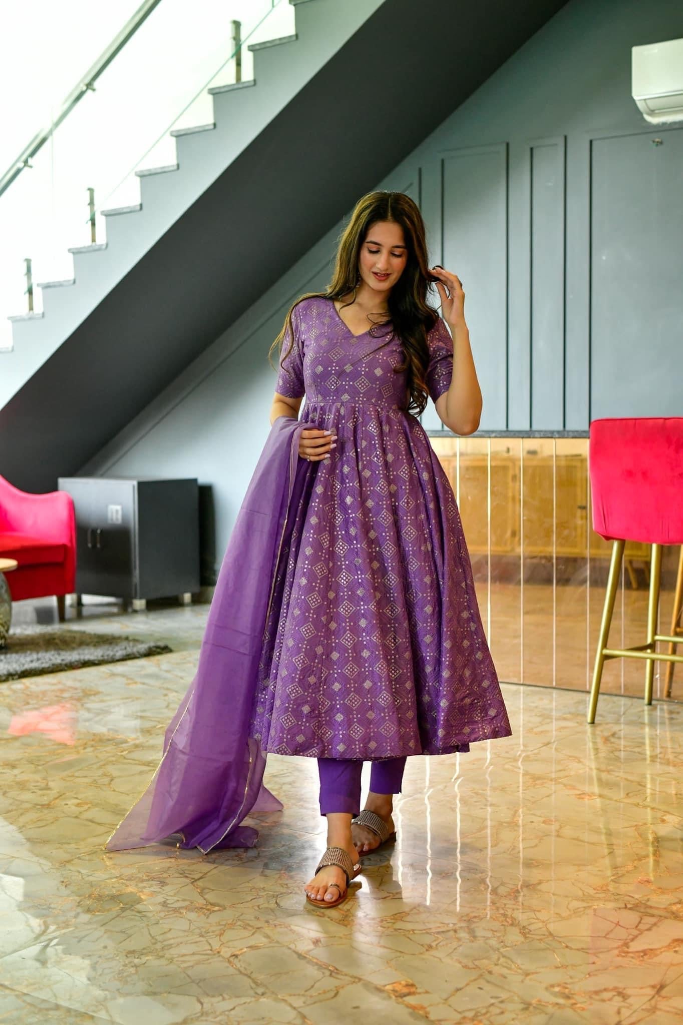 purple embroidered silk suit set